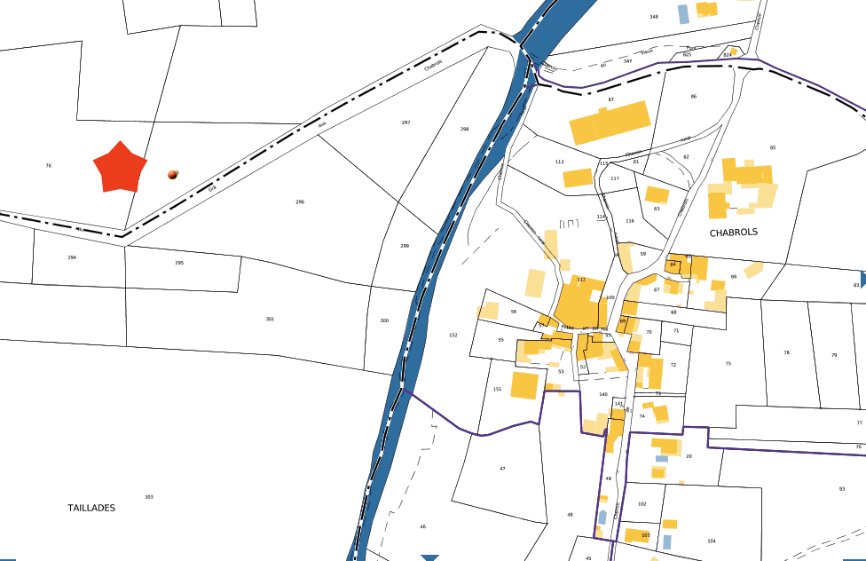 implantation d'un piézomètre à Lavilledieu. Plan cadastral parcelles B75 et B76